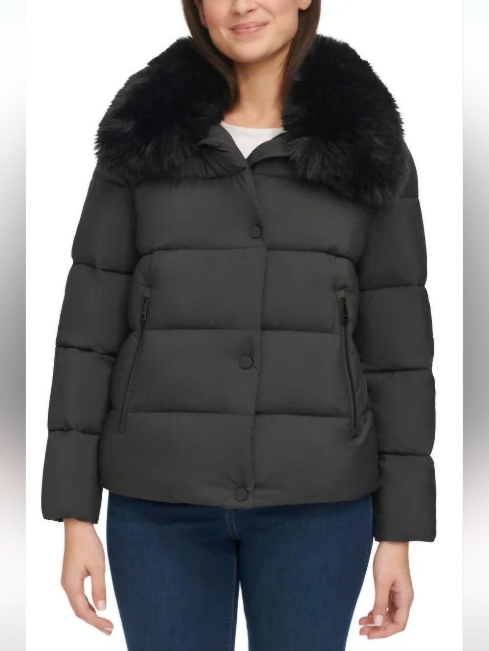 NEW! DKNY Black Faux Fur Collar Short Puffer Jacket Size M